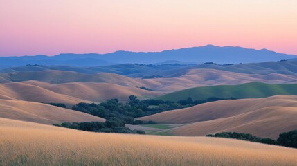As the sun sets, golden light spills over rolling hills, creating a tranquil panorama. The transition highlights the beauty of the terrain, inviting calm and reflection