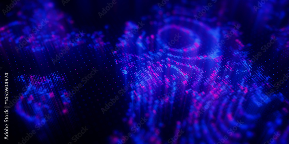 Poster Big Data clusters complex graph. Quantum computing patterns. Cyber space of AI technology neural connections. Futuristic graph. Digital information presentation. 