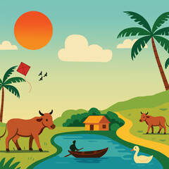 Serene Village Scene A Rural Landscape with Cows, River, and Sunset