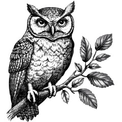 Owl on a Branch, vintage wood block print style, black sketch, old engraving style vector illustration, hand drawn wildlife art, forest animal, rustic woodland design, antique ink art
