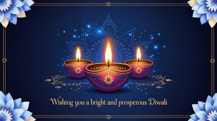 Diwali Festival Banner Featuring Glowing Traditional Diyas on Deep Blue Background Sparkling Gold Blue Light Particles Perfect for Festive Greetings Digital Invitations and Holiday Promotional Designs