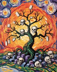 Surreal arboreal deathscape, vibrant impasto, skulls and celestial swirls artwork