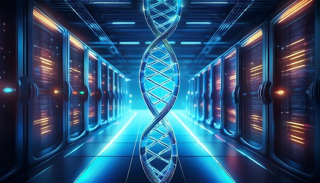 glowing dna helix above server racks symbolizing data and technology - Powered by Adobe