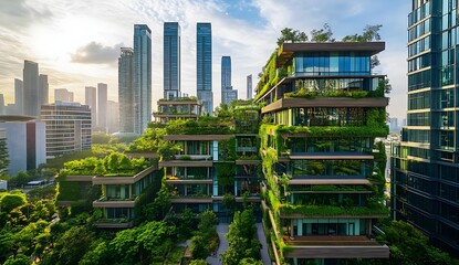 Fototapeta premium Green Cityscape Modern Eco-Friendly Building Among Skyscrapers