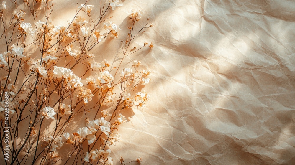 Poster dried flowers are elegantly placed on a textured beige surface, casting soft shadows that enhance th