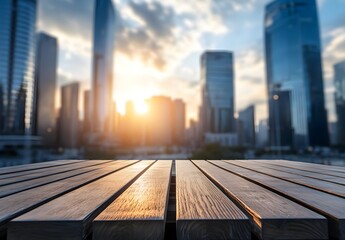 Wooden Tabletop with Blurred Cityscape Background at Sunset
