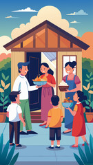A group of people are gathered around a house, with some of them holding food. Scene is warm and welcoming, as the people are sharing food and enjoying each other's company