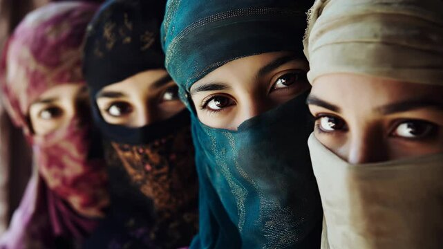 group of young muslim women wearing islamic niqab looking at the camera	
