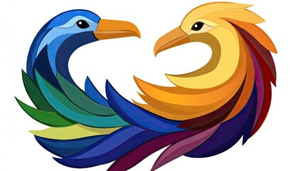 Obraz premium Two colorful birds facing each other, creating a heart shape. Their feathers are vibrant and abstract, forming a harmonious design