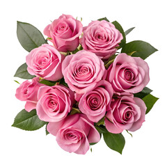 Bouquet of pink roses top view isolated on white background