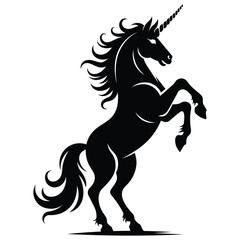 This artwork presents a powerful and graceful unicorn in a dynamic rearing pose, rendered in a bold black silhouette style.