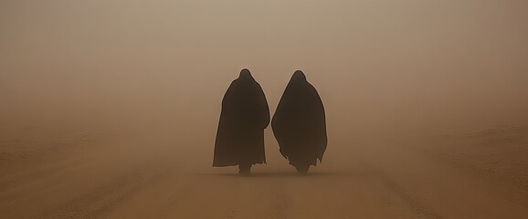 Two figures shrouded in desert sandstorm