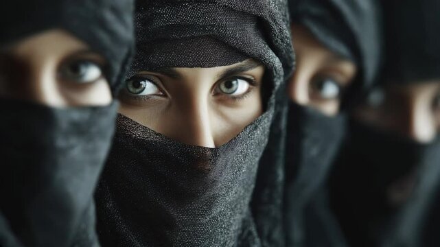 group of young muslim women wearing islamic niqab looking at the camera	
