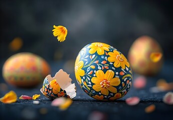 Hand-Painted Easter Egg with Yellow Flowers, Broken Shell, Spring Petals