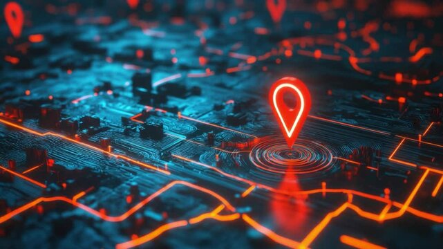 Abstract visualization of a digital map with glowing markers and vibrant neon colors indicating connectivity and location tracking