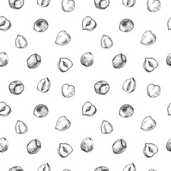 Hazelnuts vector seamless pattern hand drawn with ink . Whole and cut hazelnut kernels and nuts in shell. Template for label design