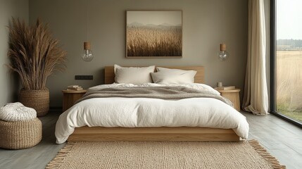 Serene bedroom interior featuring natural textures and a calming neutral palette