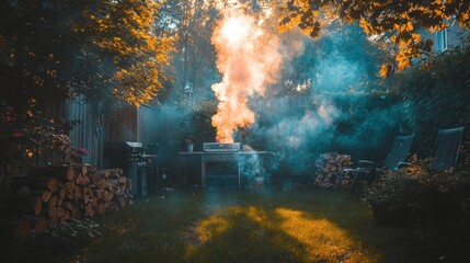 Fototapeta premium Backyard BBQ blaze, sunset smoke, grilling