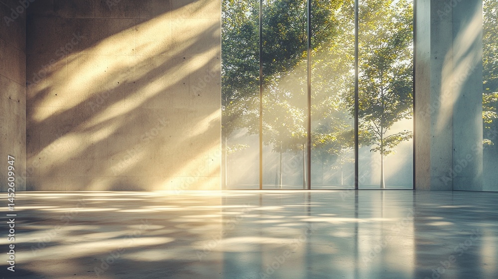 Poster sunlight filters through expansive glass windows, casting shadows on the polished floor of a contemp