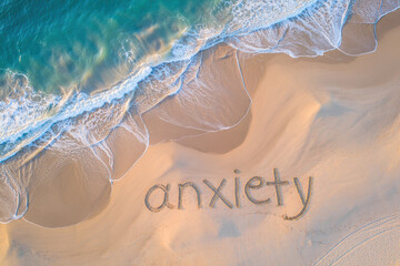 Fototapeta premium An aerial view of a coastline where sea waves wash over the word 