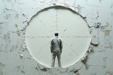 Man Standing Before Circular White Wall Texture Minimalist Concept