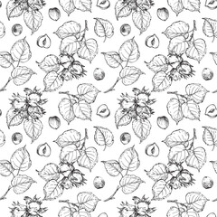 Hazelnut seamless pattern with branch, leaves and fruits. Vector black and white background hand drawn with ink. Graphic ornament for label and logo design