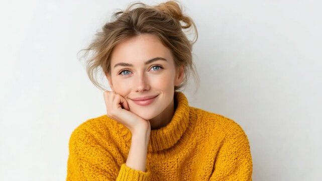 Portrait of Serenity: A young woman with a gentle gaze, a soft smile, and a radiant complexion, wears a warm, mustard-yellow sweater, exuding an aura of peace and natural beauty.