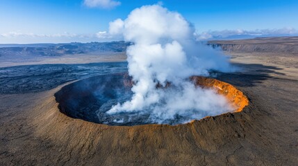 Aerial View of Active Volcano Erupting with Smoke and Ash Clouds