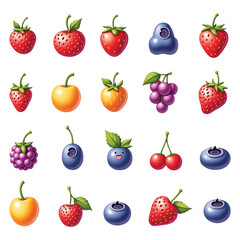 Set of Colorful Cartoon Fruit Icons – Strawberries, Grapes, Berries, and Tomato Illustrations on White Background