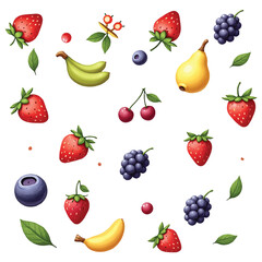 Set of Colorful Cartoon Fruit Icons – Strawberries, Grapes, Berries, and Tomato Illustrations on White Background