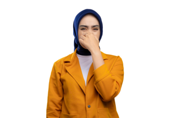 Beautiful young Asian woman pinching her nose with fingers, smelling something smelly and disgusting isolated on transparent background