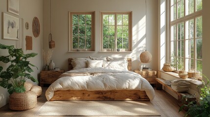 Sun-Kissed Tranquility: A Serene Bedroom Retreat with Rustic Elements and Verdant Views