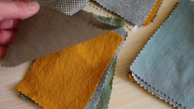 Fabric samples for sewing bed linen and home textiles. Palette with multi-colored linen scraps.