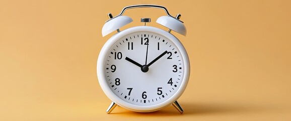 White alarm clock on a yellow background. Time showing 1010. Retro style clock