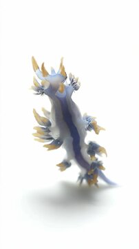 Glaucus atlanticus nudibranch sea slug, colorful ocean creature on white background, small marine invertebrate with blue, gold, and white colors