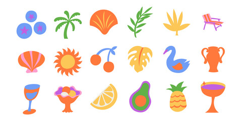 Vector simple minimal illustrations in bright bold colors, simple wavy and groovy doodle naive style, simple hand drawn design templates, summer vacation and travel