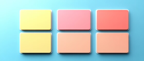 Six rectangular objects, colored in light, pastel hues arranged on a blue background with subtle shadows