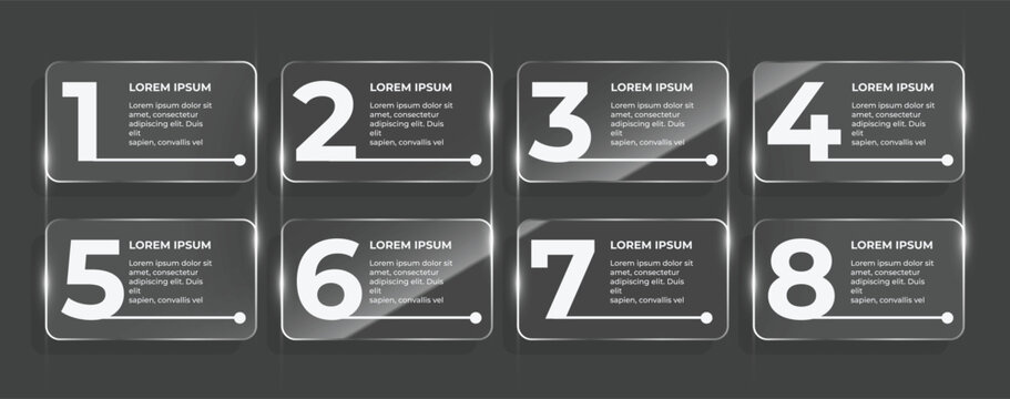 3D Bullet Point Glass Effect Business Infographic with 8-Step Process and Timeline &ndash; Vector Design Template for Web and UI