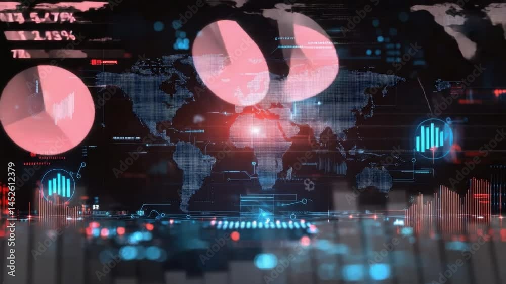 Poster futuristic digital world map with data visualizations and technological elements for global connecti