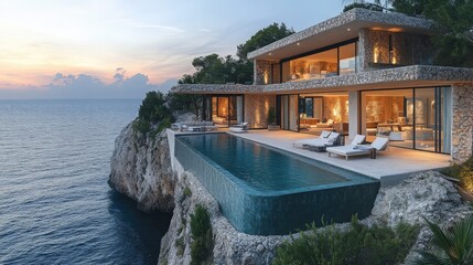 Fototapeta premium Cliffside oasis: a modern luxury villa with infinity pool overlooking the sea
