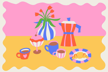 Vector simple minimal illustrations in bright bold colors, simple wavy and groovy doodle naive style, simple hand drawn design templates, summer vacation and travel