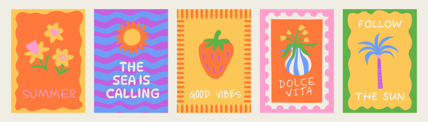 Vector simple minimal illustrations in bright bold colors, simple wavy and groovy doodle naive style, simple hand drawn design templates, summer vacation and travel