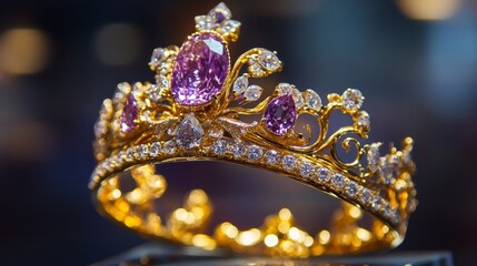 A gold and purple tiara with diamonds and pearls