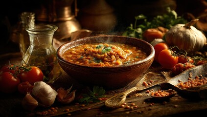 Rustic Bowl of Steaming Lentil Soup with Fresh Herbs and Vegetables