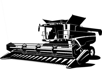 Modern combine harvester with wide header black and white silhouette