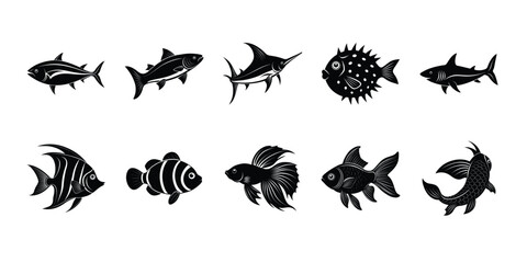 A bundle of fish silhouettes vector illustrations on a white background