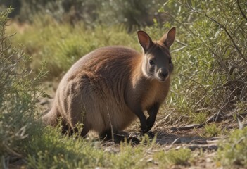 Rock wallaby grazing amongst sparse vegetation, environment, bush,