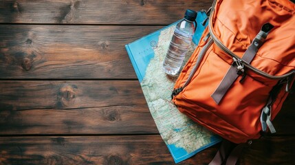Orange backpack and map with water bottle on wooden surface