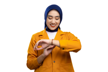 Smiling young Asian woman checking time on her watch with happy expression isolated on transparent background