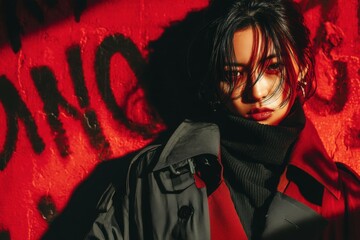 Stylish young woman against a vibrant red backdrop.